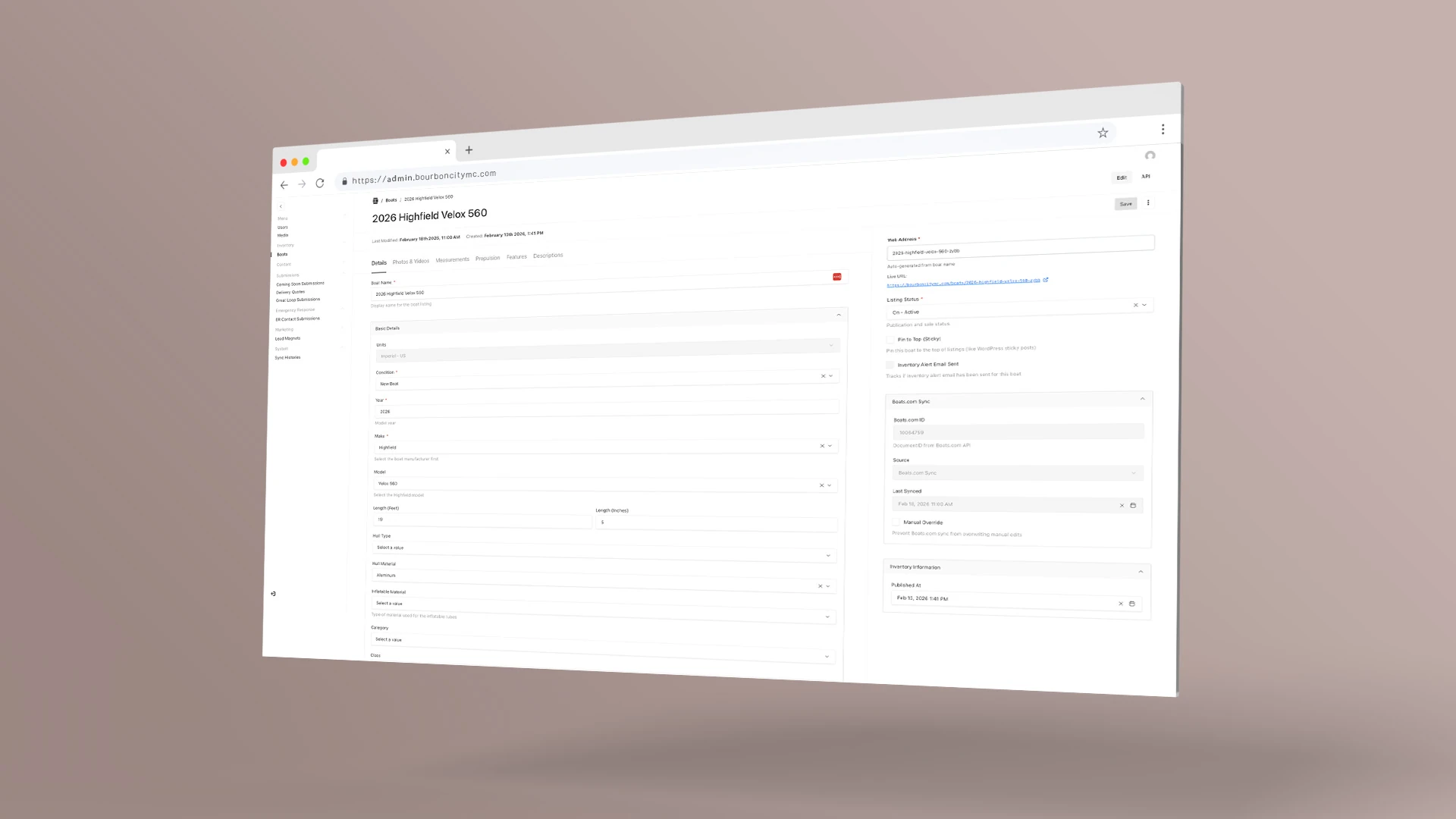 Custom admin dashboard for managing boats, blog, events, and leads
