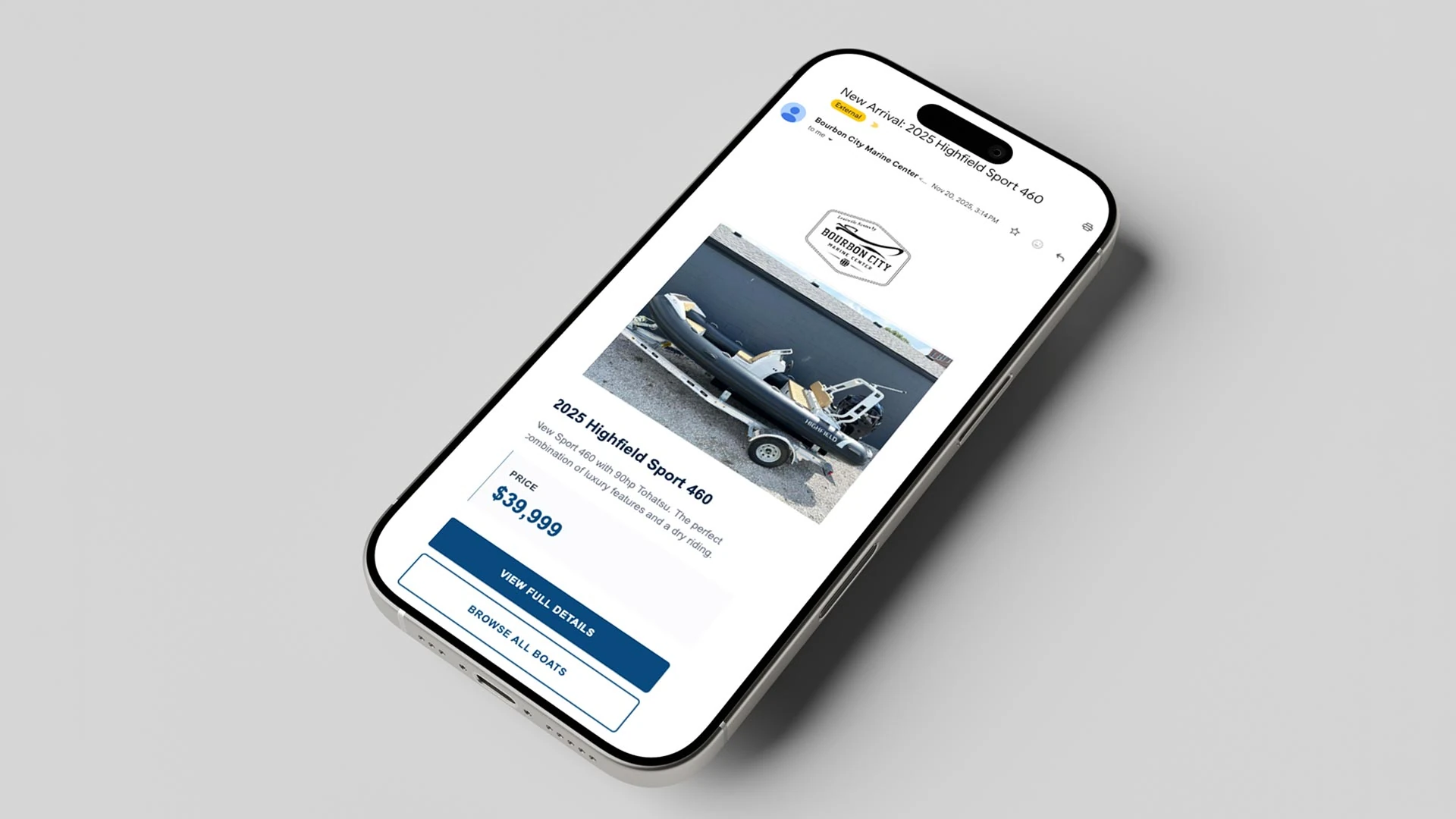 Automated email alerts sent the moment a new boat hits the lot