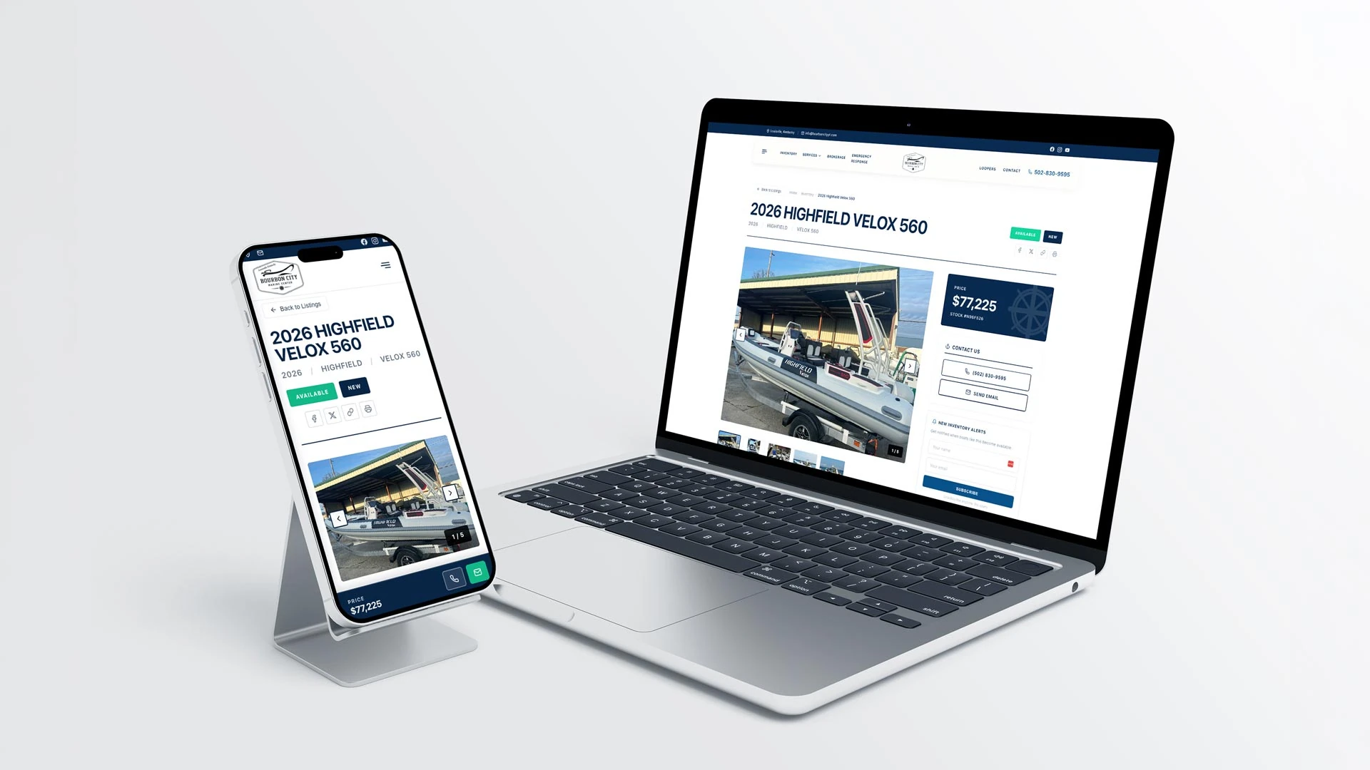 Full boat detail pages with photos, specs, pricing, and inquiry forms